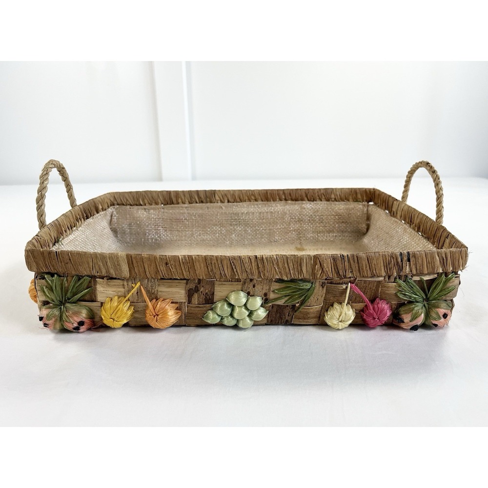 Vintage‎ 70s Raffia Casserole Carrier Basket 3D Fruit Veggie Boho Pyrex Holder